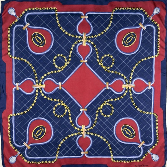 Cartier Accessories - Cartier Navy Blue and Red Silk Scarf with Gold Chain Motif